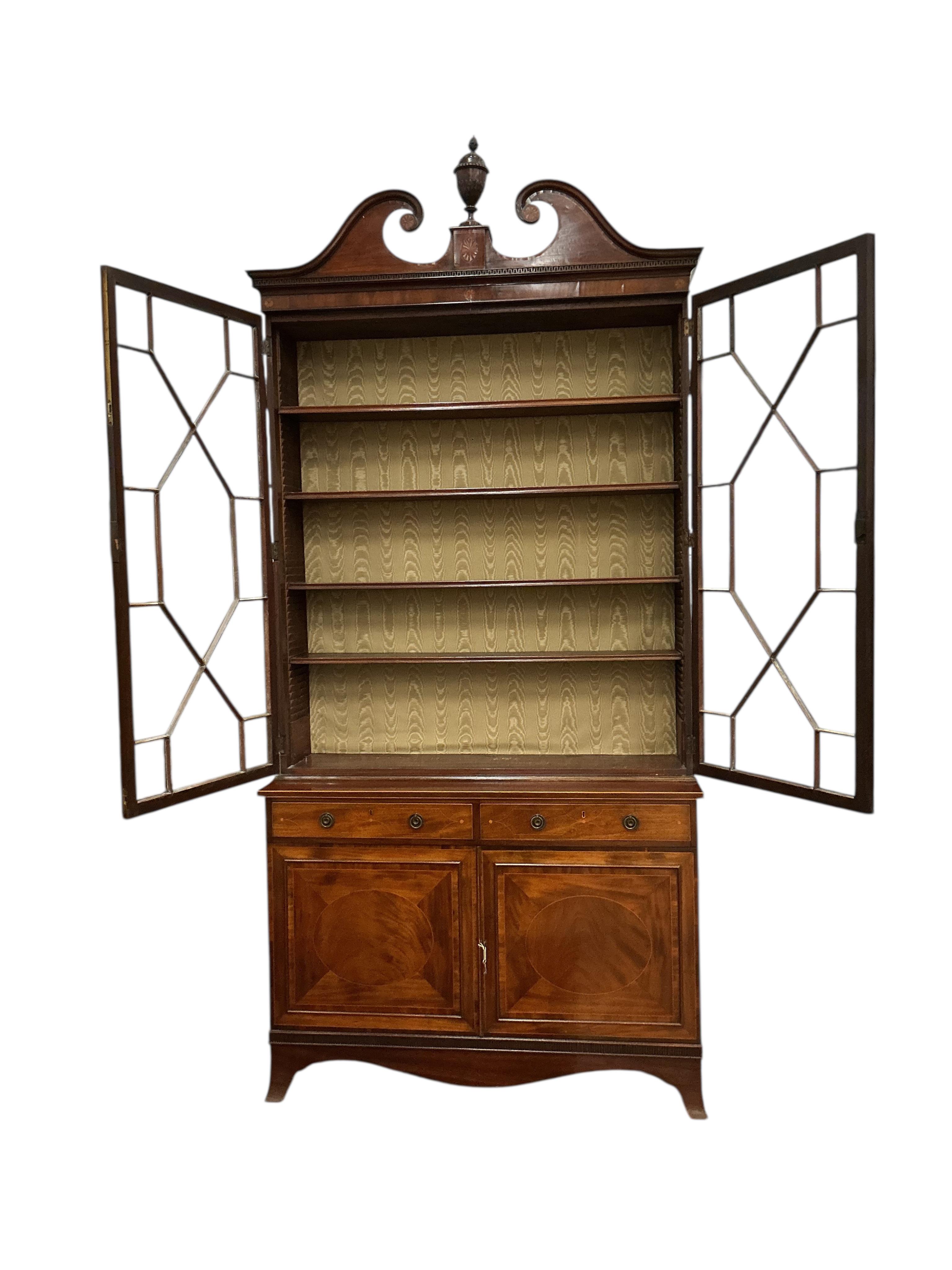 A George III and later inlaid mahogany library bookcase, width 130cm, depth 46cm, height 270cm